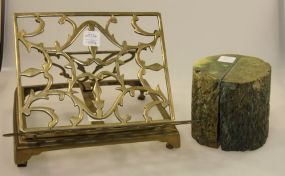 Brass Book Stand & Pair of Marble Bookends 