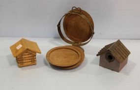 Two Birdhouses & Wood Plates in Brass Stand 