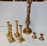 Three Pairs of Brass Candlesticks & Signed Desota Paper Mache Candlestick