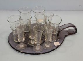 Glass Pineapple Tray & Fourteen Small Glasses