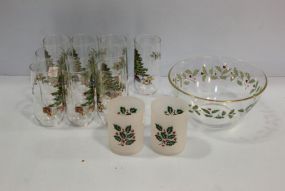 Ten Christmas Glasses, Bowl & Two Frosted Juice Glasses
