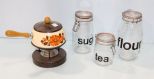 Three Glass Canisters & Fondue 