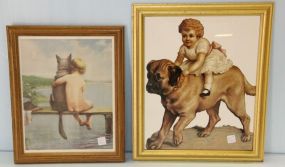 Two Framed Prints of Kids with Dogs 