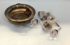 Silverplate Bowl with Four Glass Doorknobs 