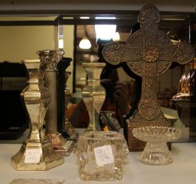 Six Candle Holders & Metal Cross 