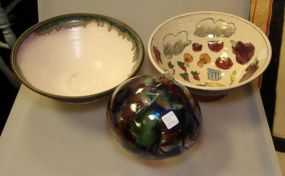 Two Pottery Bowls & Art Glass Ball 