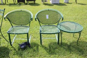 Pair of Green Wrought Iron Chairs & Round Side Table 