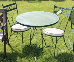 Metal Glass Top Bistro Table & Two Chairs 