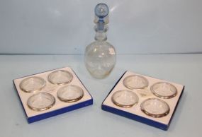 Eight Silverplate and Crystal Coasters & Decanter