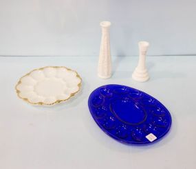 Two Egg Plates & Two Milk Glass Vases 