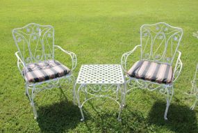 Two Wrought Iron Arm Chairs & Wrought Iron Square Table