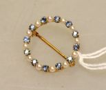 14K Gold Sapphire and Seed Pearl Circle Brooch