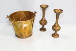 Brass Bucket & Two Brass Vases 