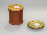 Four Brass Coasters & Pottery Condiment Jar