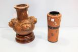 Four Face Pottery Vase on Wood Base & Pottery Vase