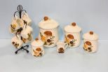 Three Piece Ceramic Canister Set, Stand with Six Mugs & Creamer