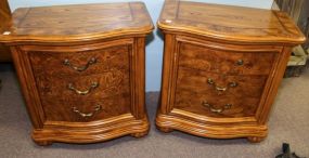 Pair of Oak Banded Inlaid Three Drawer Nightstands 