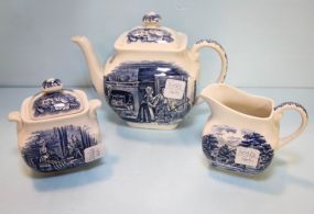 Liberty Bell Blue and White Creamer, Sugar & Teapot 