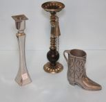 Pewter Boot & Pewter Candlestick 