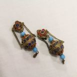 Persian Multi Stone Brass Drop Clip Earrings