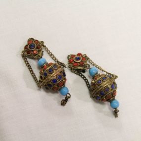 Persian Multi Stone Brass Drop Clip Earrings