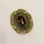Beautiful Czech Style Brooch with Faceted Amber Glass Stone