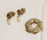 Trifari Wreath Rhinestone Brooch and Matching Rhinestone and Pearl Earrings