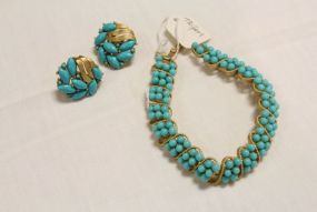 Crown Trifari Faux Turquoise Beaded Bracelet and Earrings