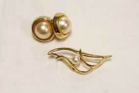 Napier Gold Tone Pearl Pin and Earring Set