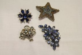 Group Lot of Blue Rhinestone Jewelry Brooches