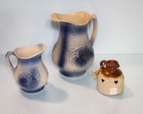 Two Blue Stoneware Pitchers & Small Pottery Pitcher