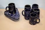 Six Spongeware Mugs & Four Saucers