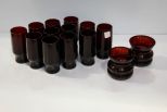 Set of Twelve Pigeon Blood Juice Glasses & Two Small Vases