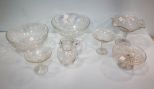 Various Glass Fruit Bowls, Compotes & Etched Pitcher