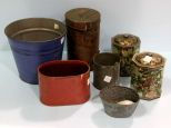 Six Tin Containers & Red Leather Catch All