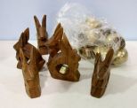 Six Wood Rabbit Napkin Rings & Twelve Brass Napkin Rings