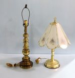 Brass Table Lamp & Brass Lamp with Hand Painted Glass Shade 