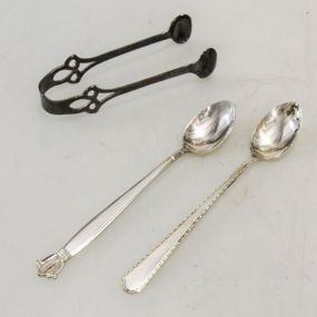 Sterling Tongs & Two Sterling Feeding Spoons