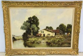 Large Oil on Canvas of French Countryside 