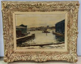 Oil on Canvas of Harbor Seascape signed Arpels