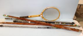 Group of Fishing Poles & Tennis Racket 