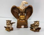 Ceramic Eagle & Two Small Porcelain Owls