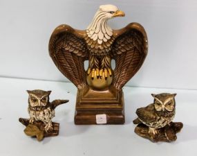 Ceramic Eagle & Two Small Porcelain Owls