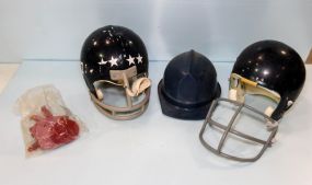Two Football Helmets & Plastic Helmet