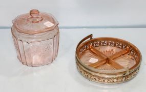 Pink Depression Glass Cookie Jar & Divided Dish