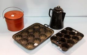 Two Muffin Pans, Enamel Coffee Pot & Tin Can