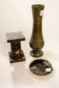 Brass Decorated Vase, Pedestal, Brass and Pearl Decorated Dish