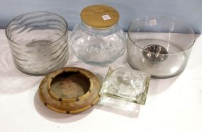 Two Covered Glass Containers, Candy Dish, Bowl, Tin Bowl