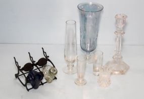 Glass Shakers in Stand, Four Vases, Match Holder, Glass Candlestick
