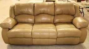 Tan Faux Leather Couch With Recliners on Each End